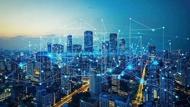 A city skyline illuminated with digital connections