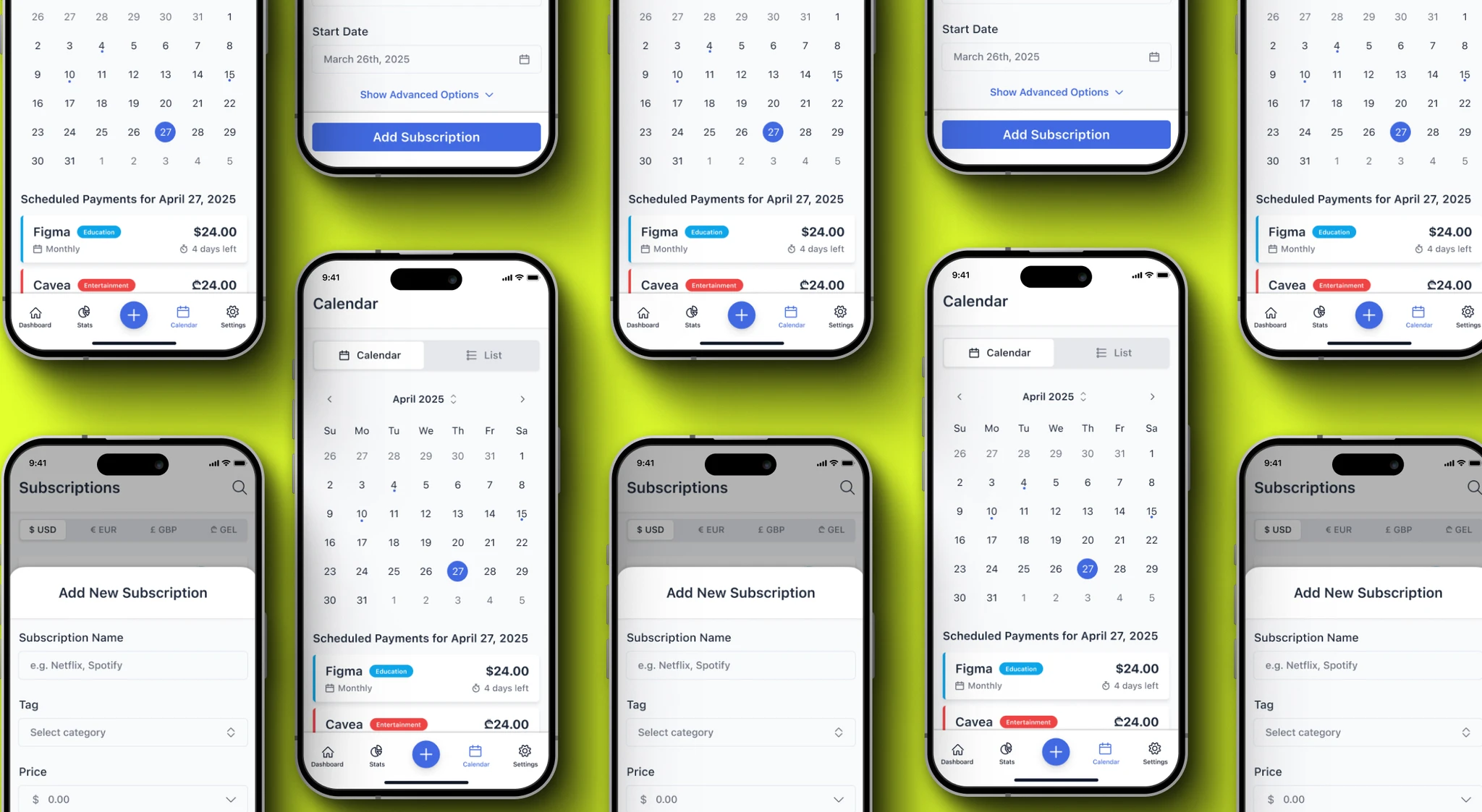 SubSavvy mobile screens for tracking subscriptions and recurring payments