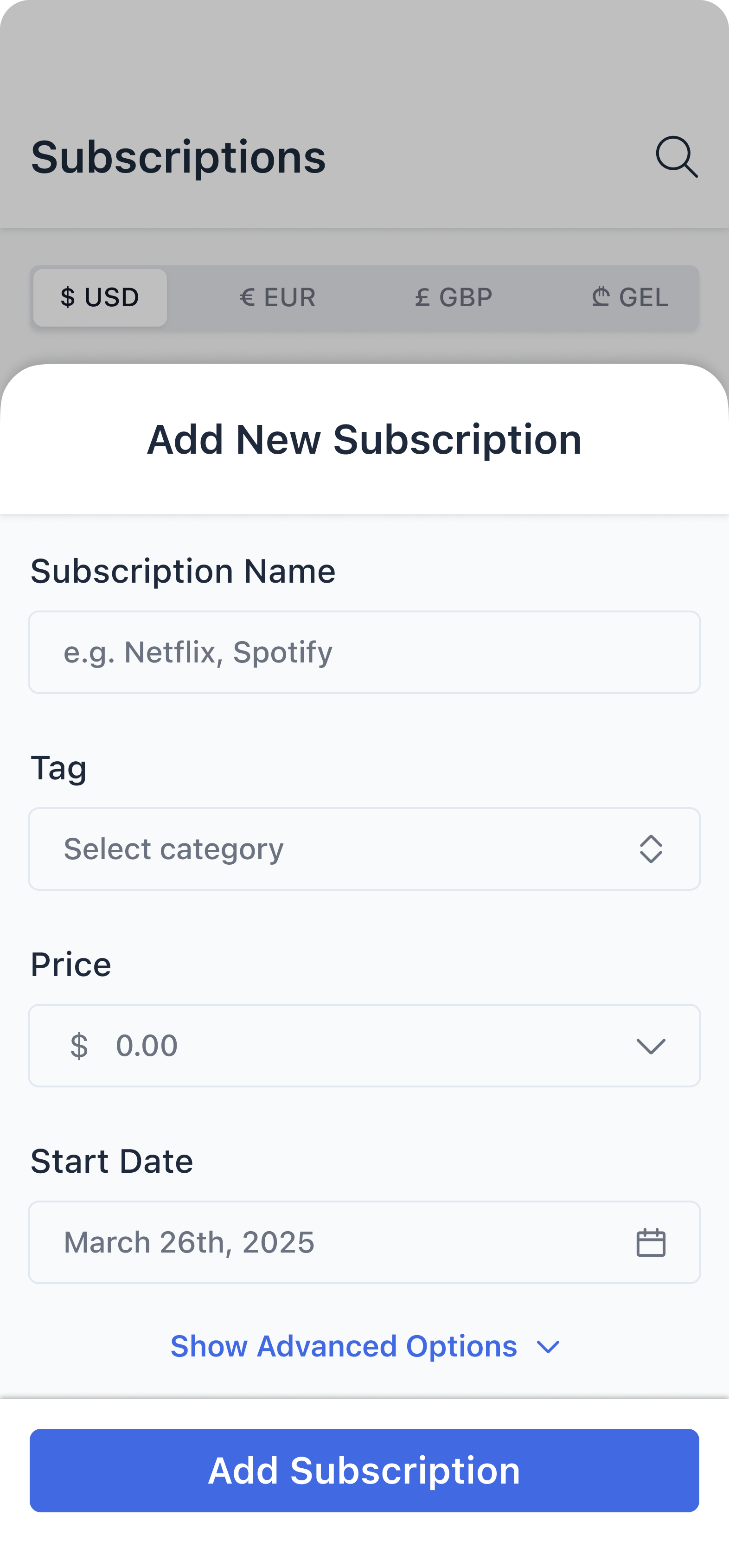 Redesigned add subscription form