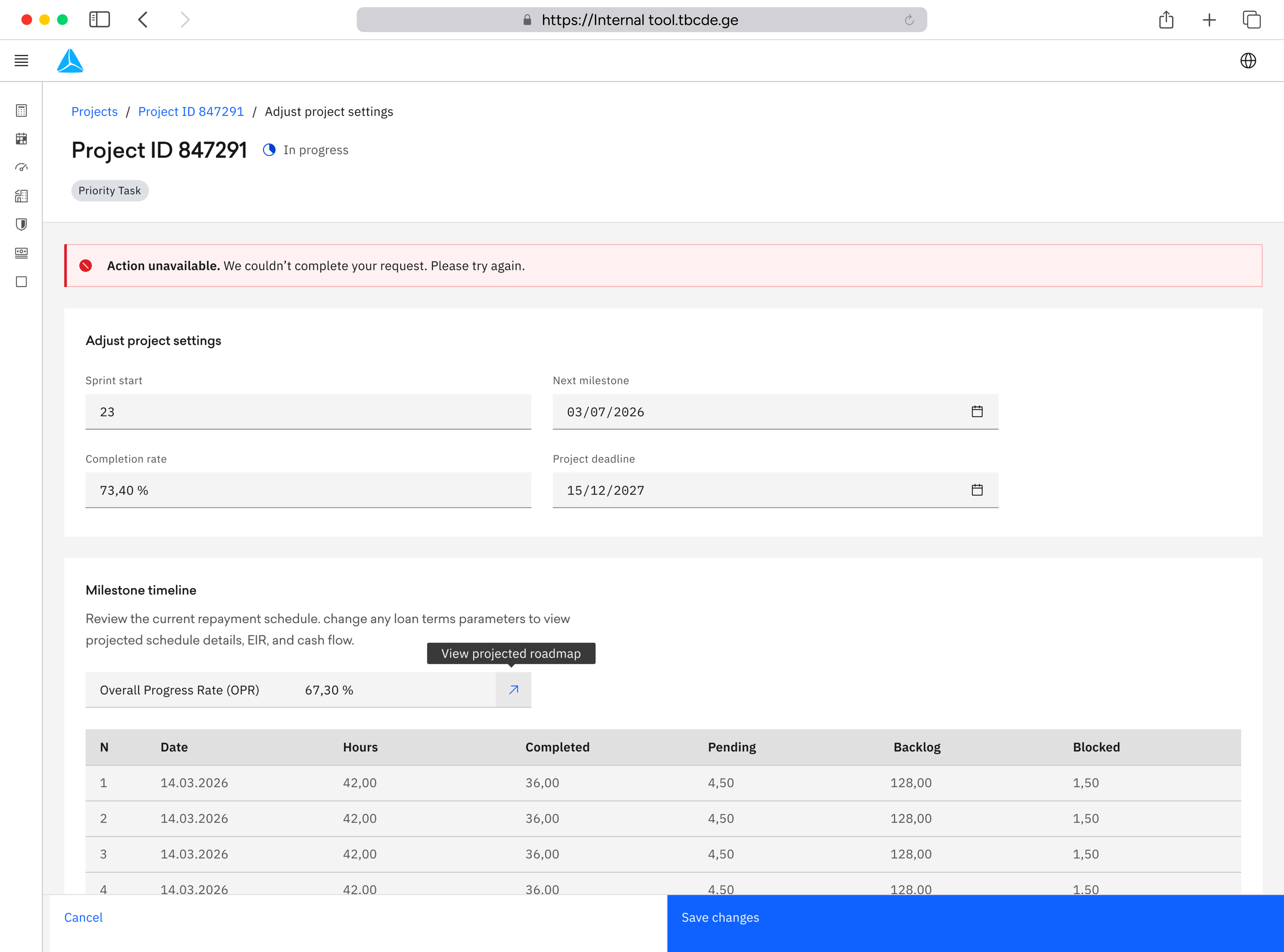 Error feedback in the project settings workflow